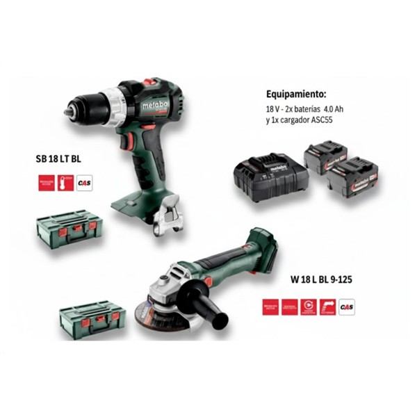 METABO ES00465 COMBO SB 18 LT BL TALADRO + W18 L BL 9-125 AMOLADORA + Baterias 4,0 Ah